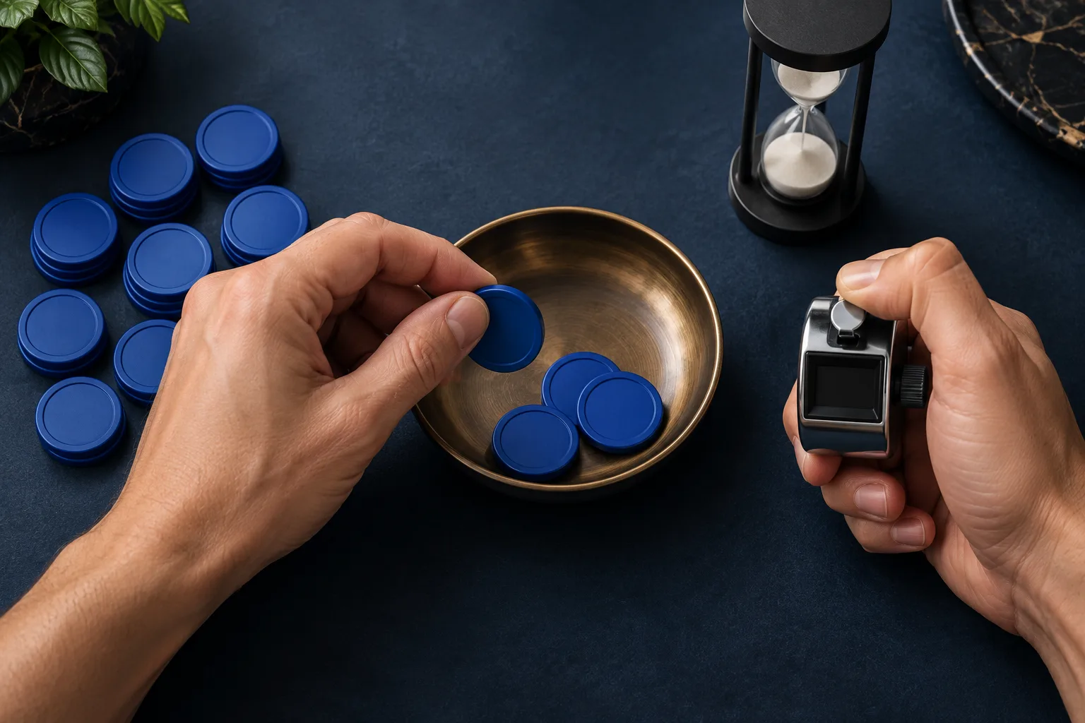 One anonymous hand moves a single token into a shallow dish while the other presses a mechanical tally counter, Each token