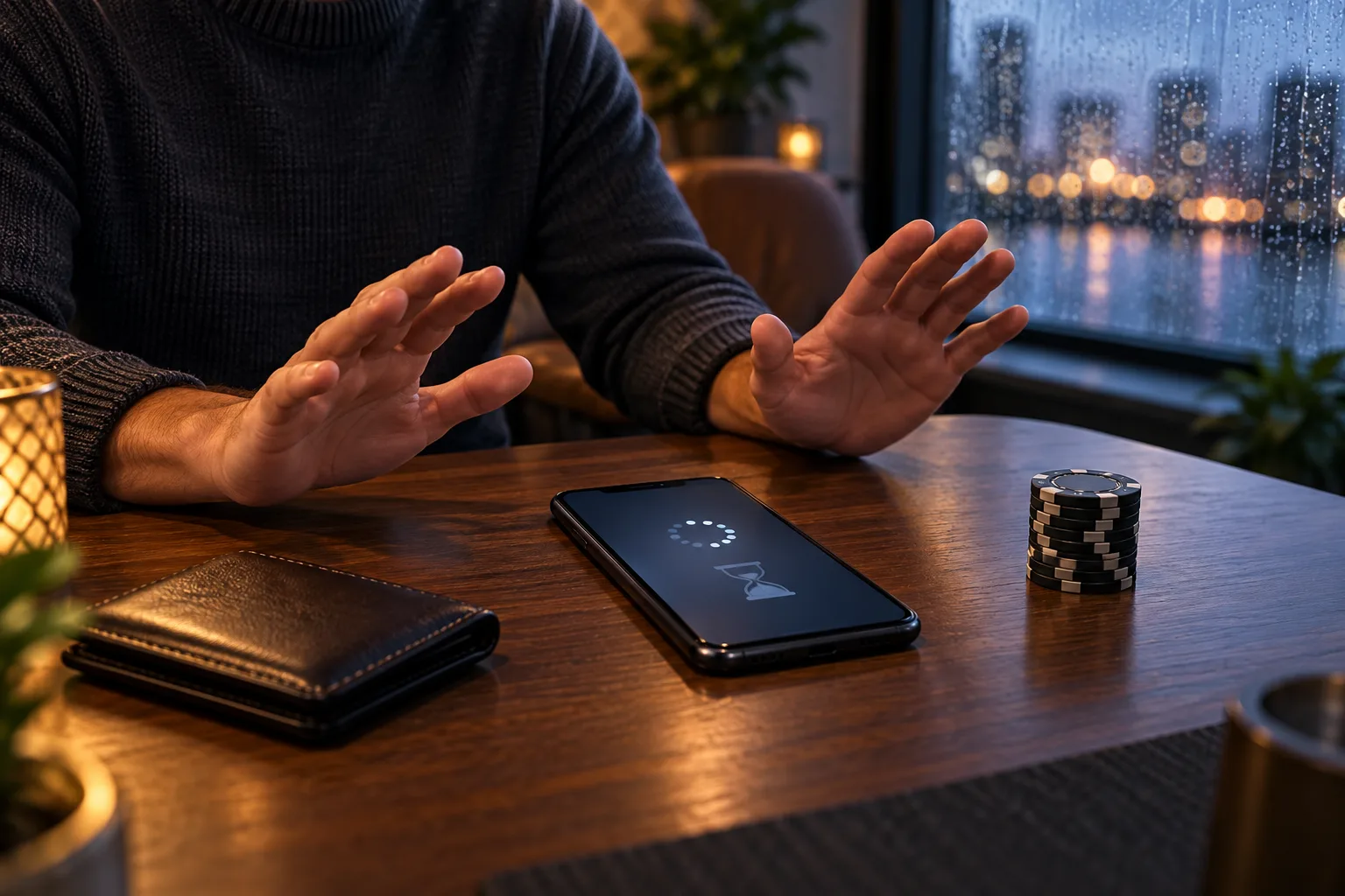 An anonymous player holds both hands away from a phone displaying a generic loading indicator and a muted pending-state