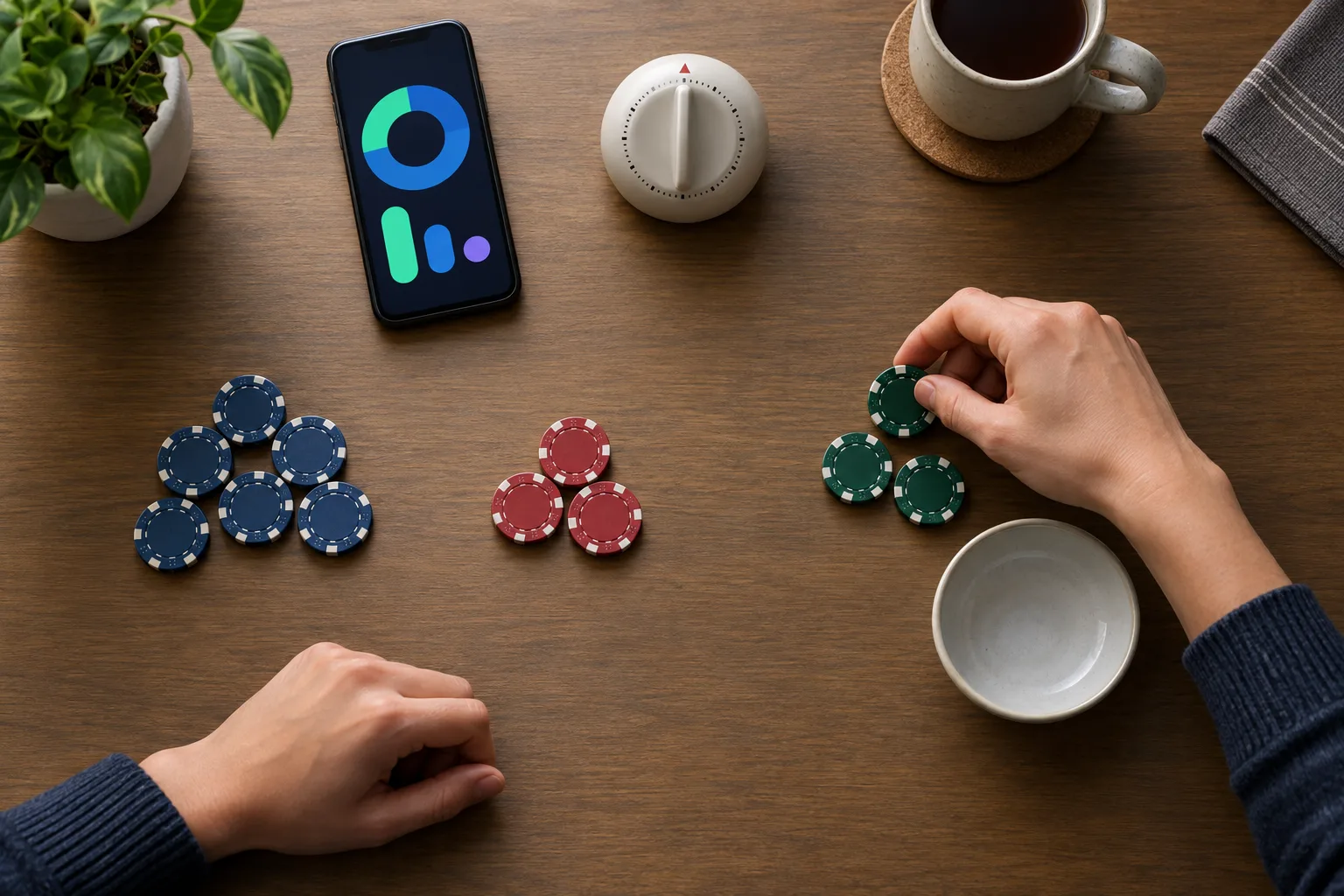 Anonymous hands arranging generic tokens into three clearly separated groups, One hand places the final token into the