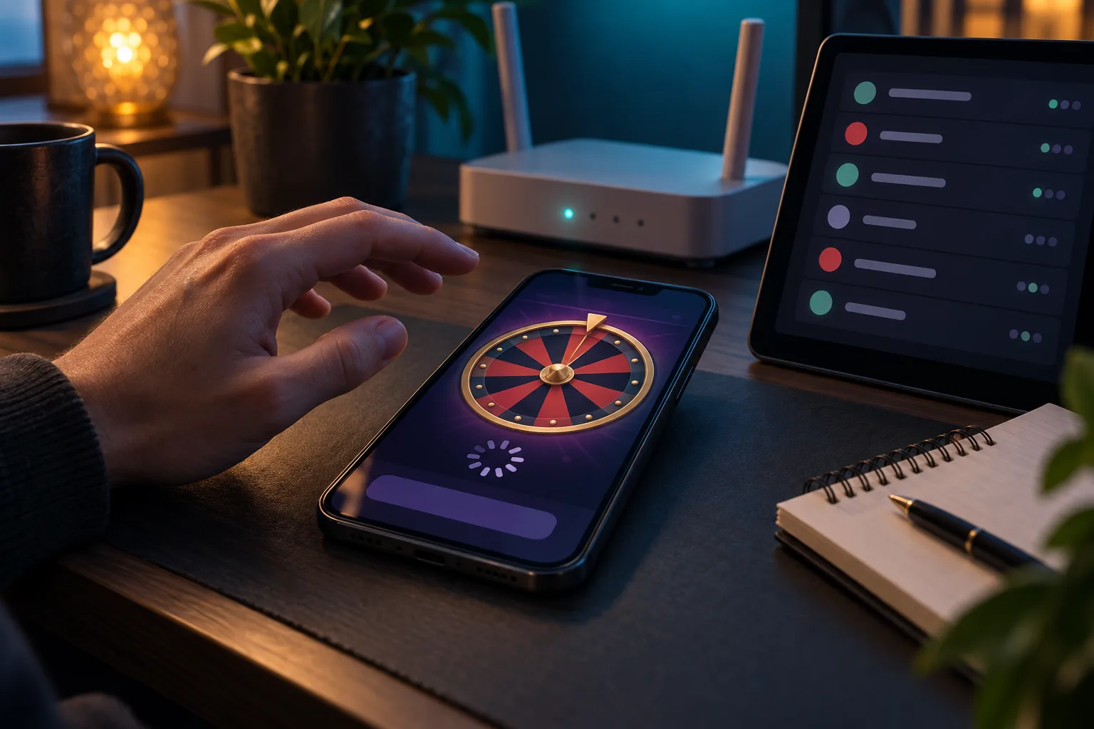 An anonymous hand waiting above the phone without pressing the control again, The player compares the stalled wheel with the