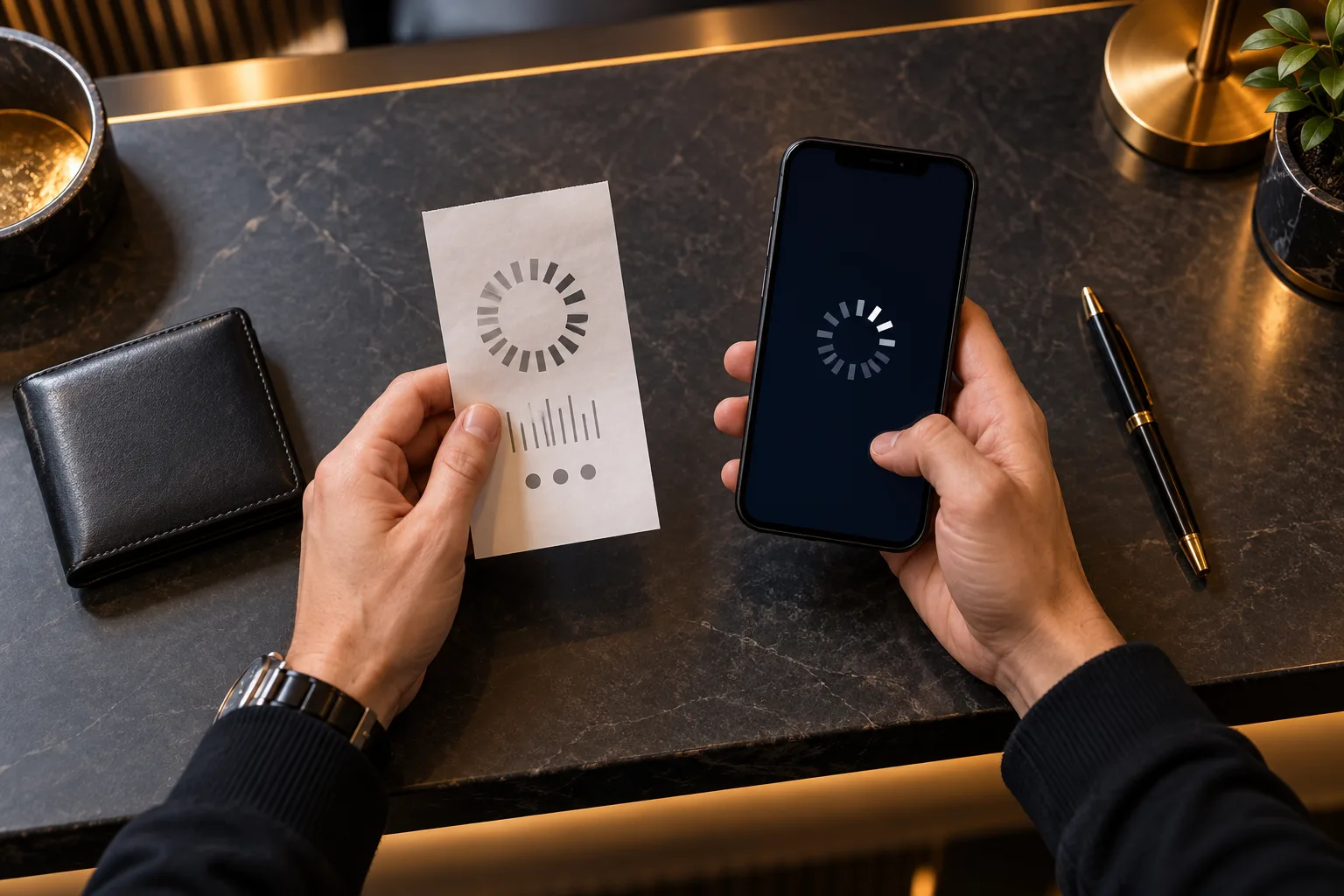 Anonymous hands matching the reference pattern on a receipt to a pending status card on the phone, The player records the