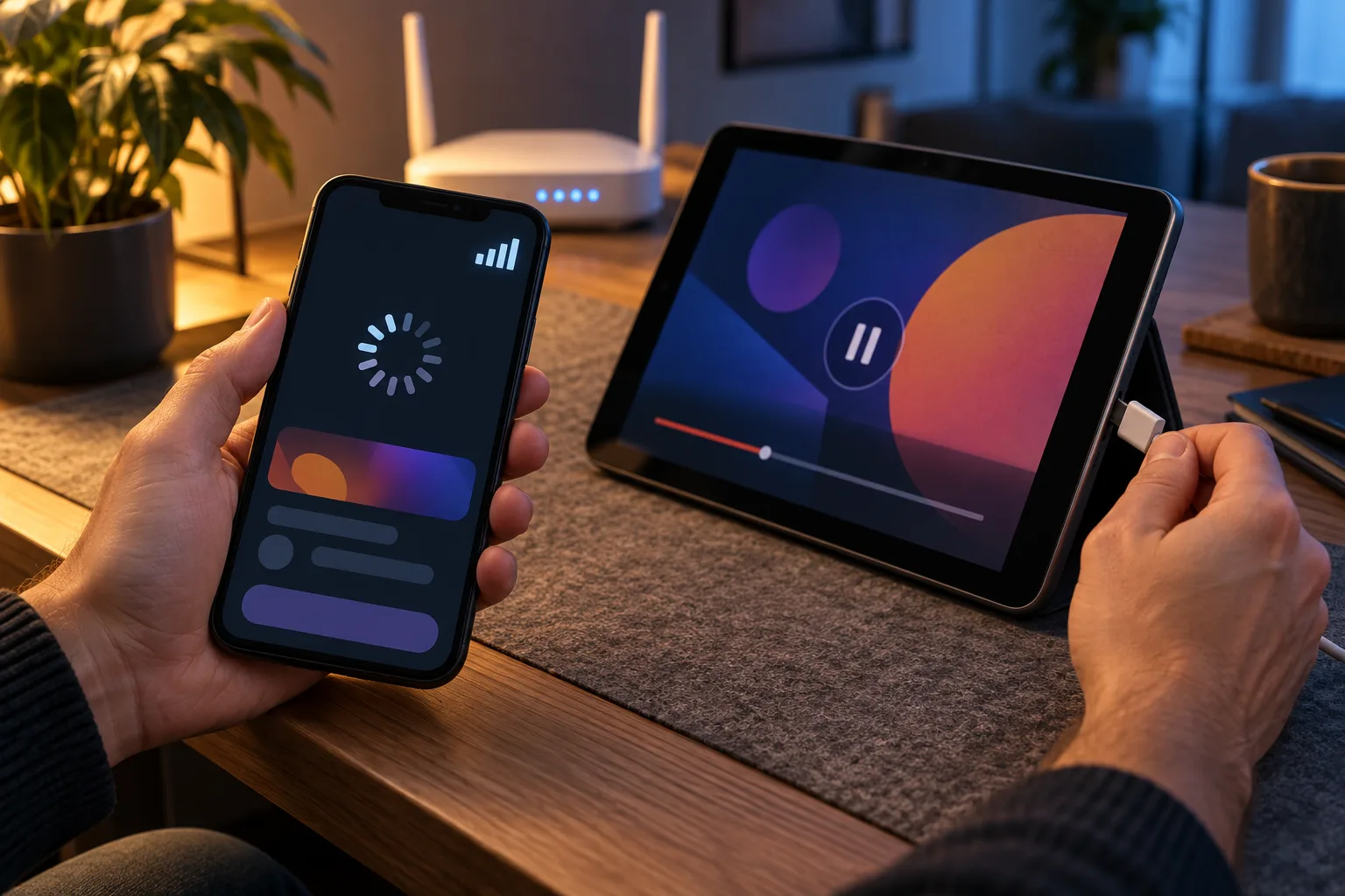 An anonymous hand pauses over a phone showing a stalled promotional activation screen while disconnecting a streaming