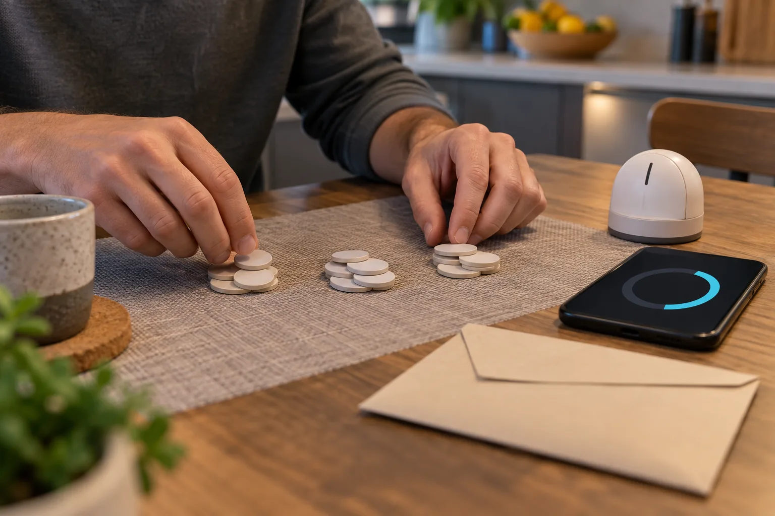 Anonymous hands divide plain tokens into three distinct groups beside a timer and a phone showing a partially filled