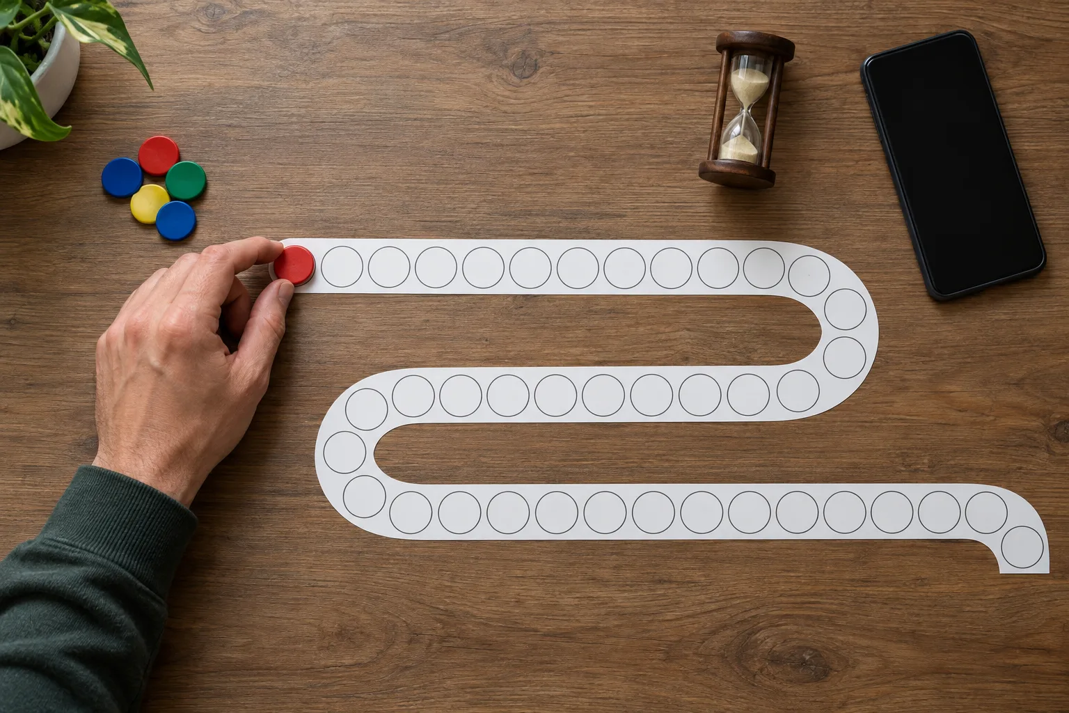 A hand comparing a small promotional token pile with a much longer sequence of qualifying-play markers, The hand moves one