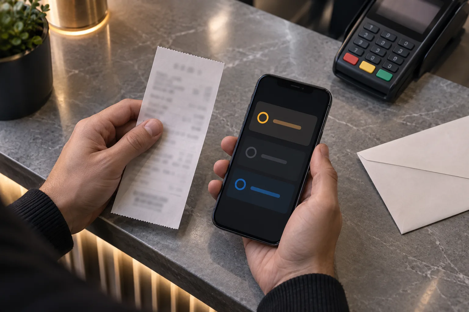 Hands aligning a blurred paper receipt with a phone showing an unmatched account entry, The customer places the receipt