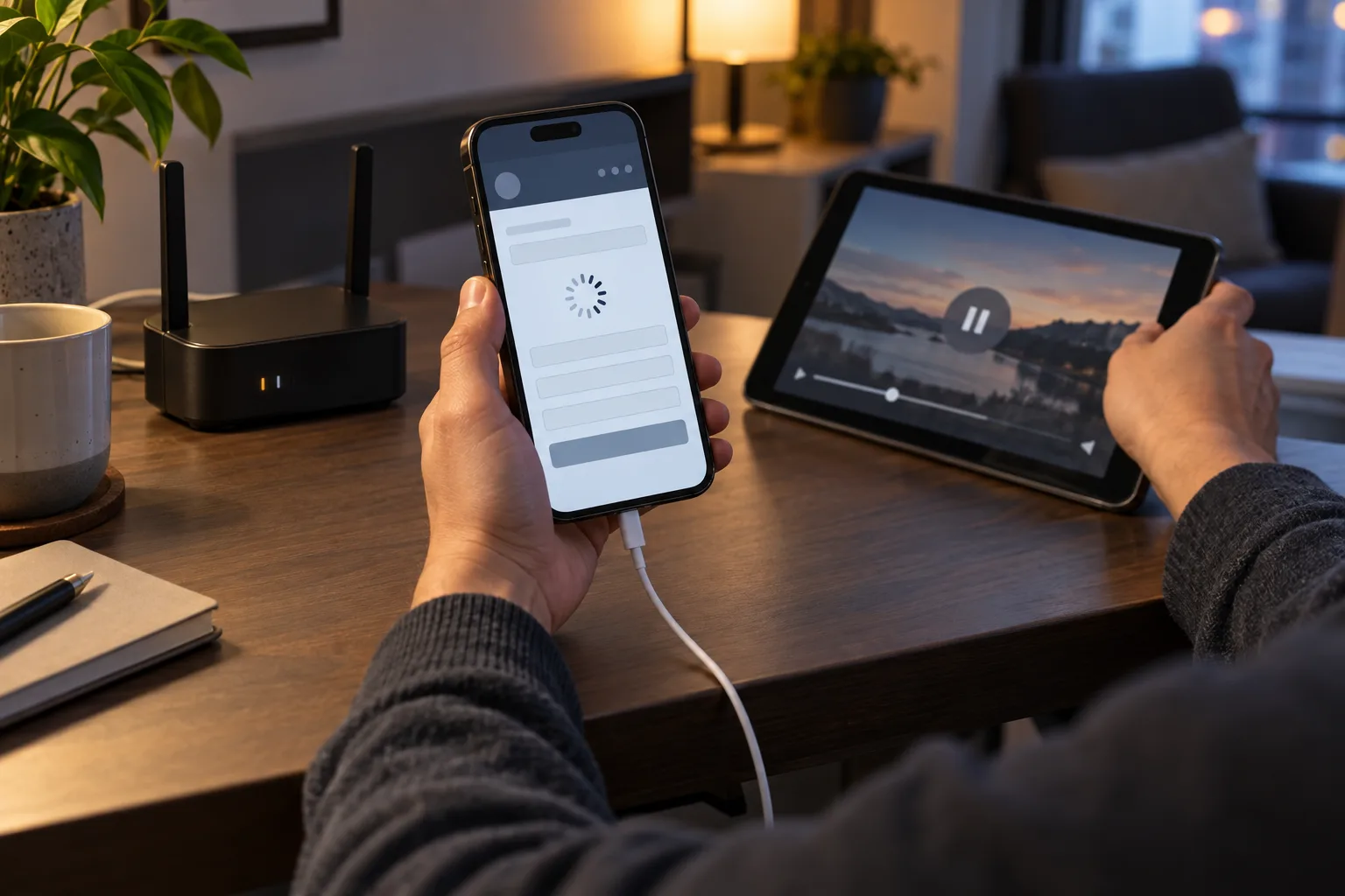 A hand keeping a phone on one connection while moving a second streaming device aside, The player pauses competing network