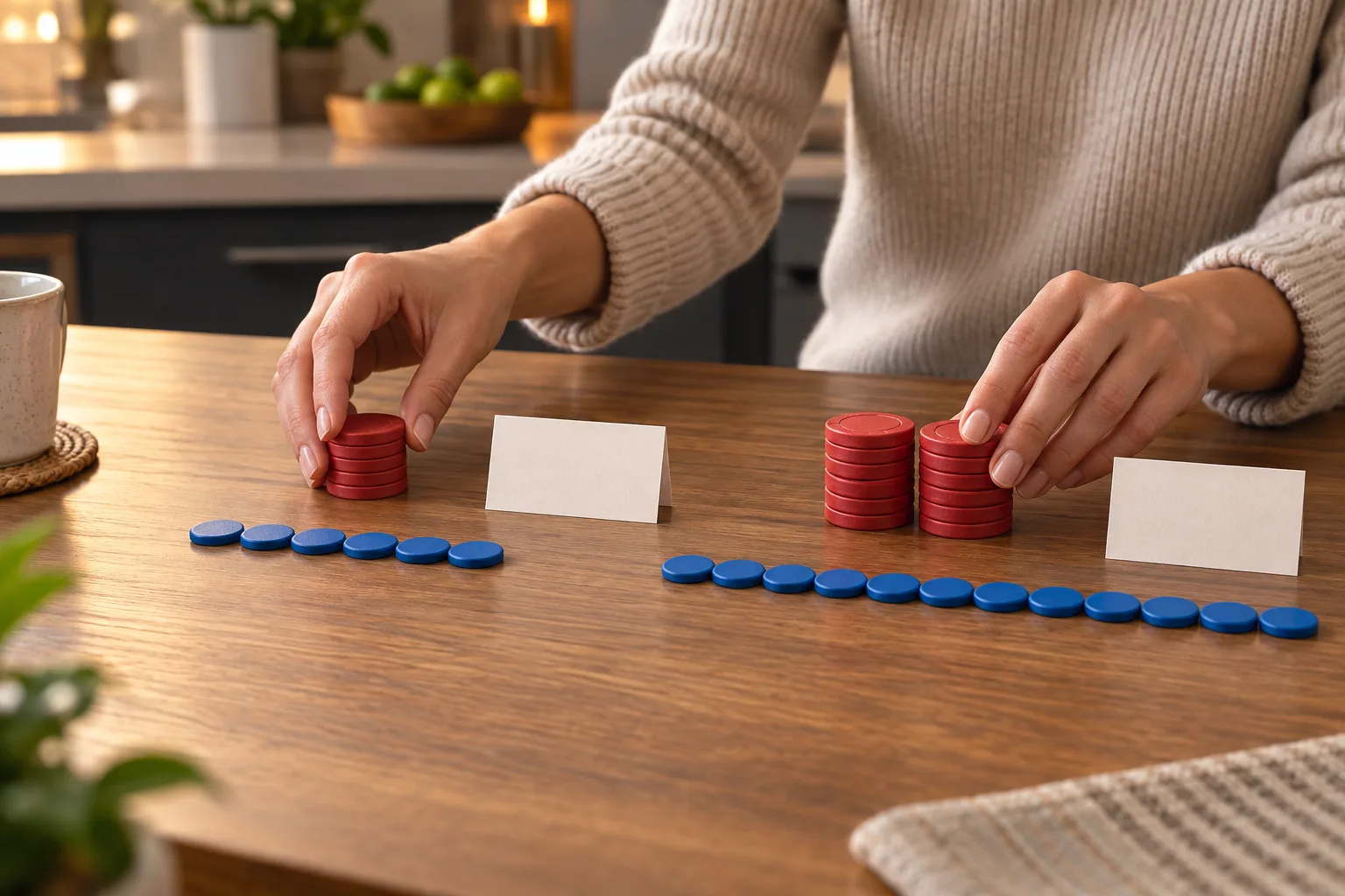 Anonymous hands comparing two alternative wagering bases with plain tokens, The hands align one turnover row with the single