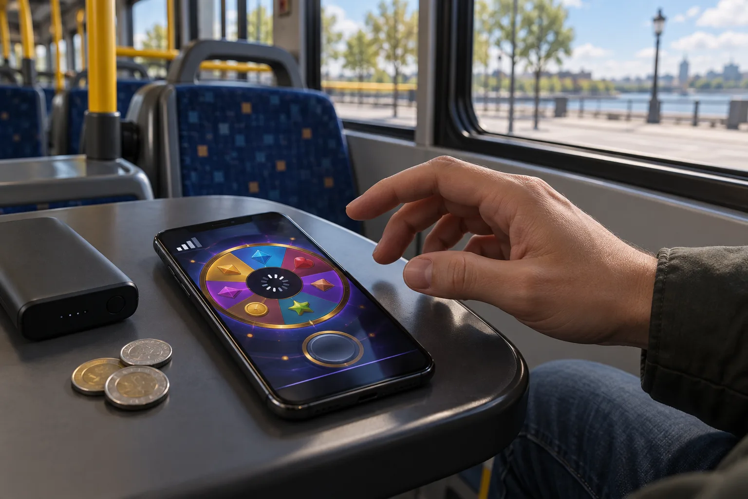 An anonymous hand pausing over a phone while checking an unstable game state, The hand remains away from the spin control