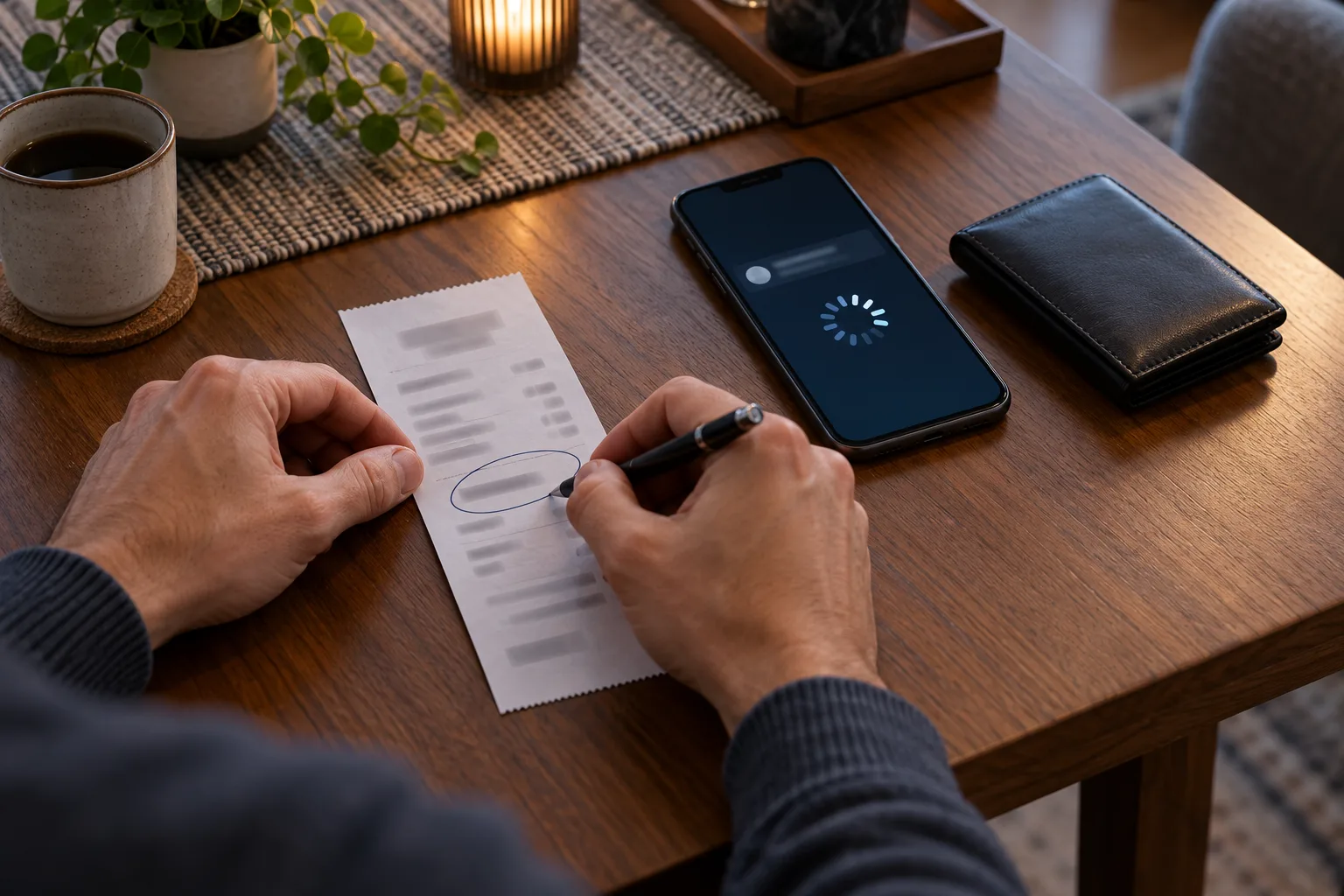 An anonymous player comparing a paper receipt with a pending state on a phone, The player circles the receipt reference