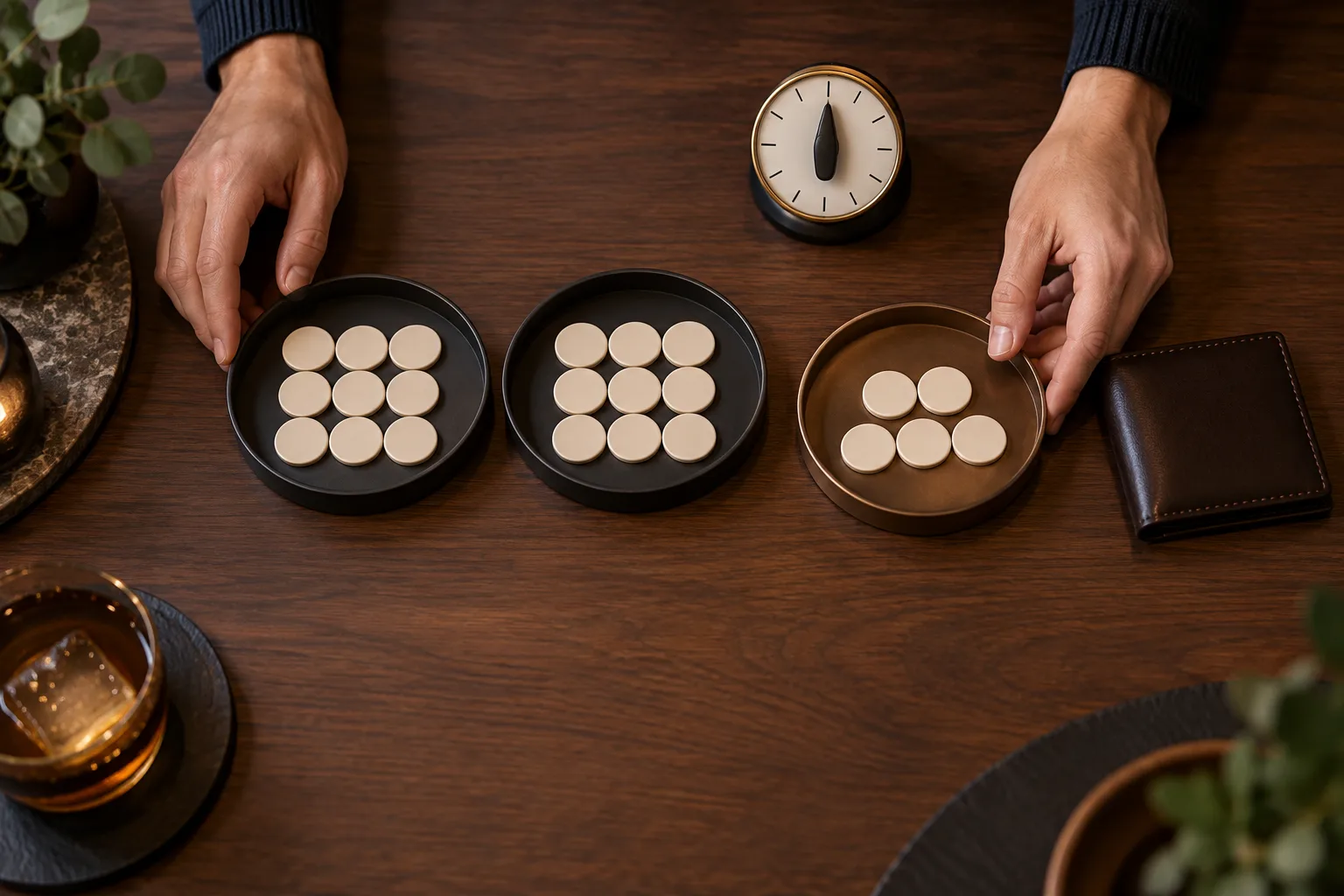 Anonymous hands dividing plain tokens into two equal play blocks while reserving a separate group, The player places tokens