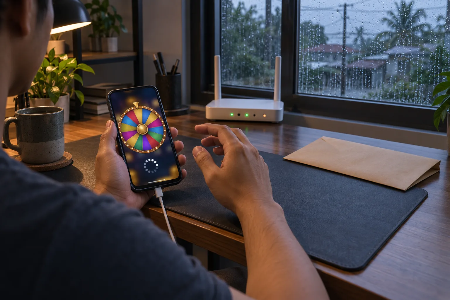 An anonymous player pausing an active Wheel screen while checking connection stability, The player lifts a hand away from