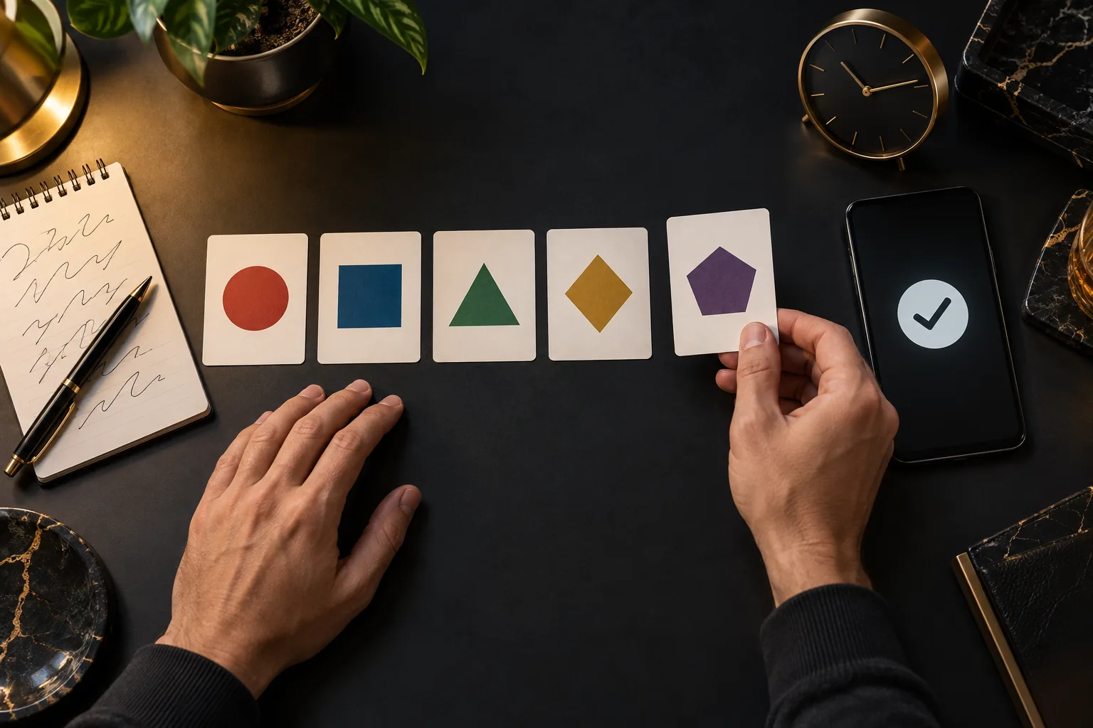 Anonymous hands placing five plain status cards into an ordered line, The hands move the final card beside the phone only
