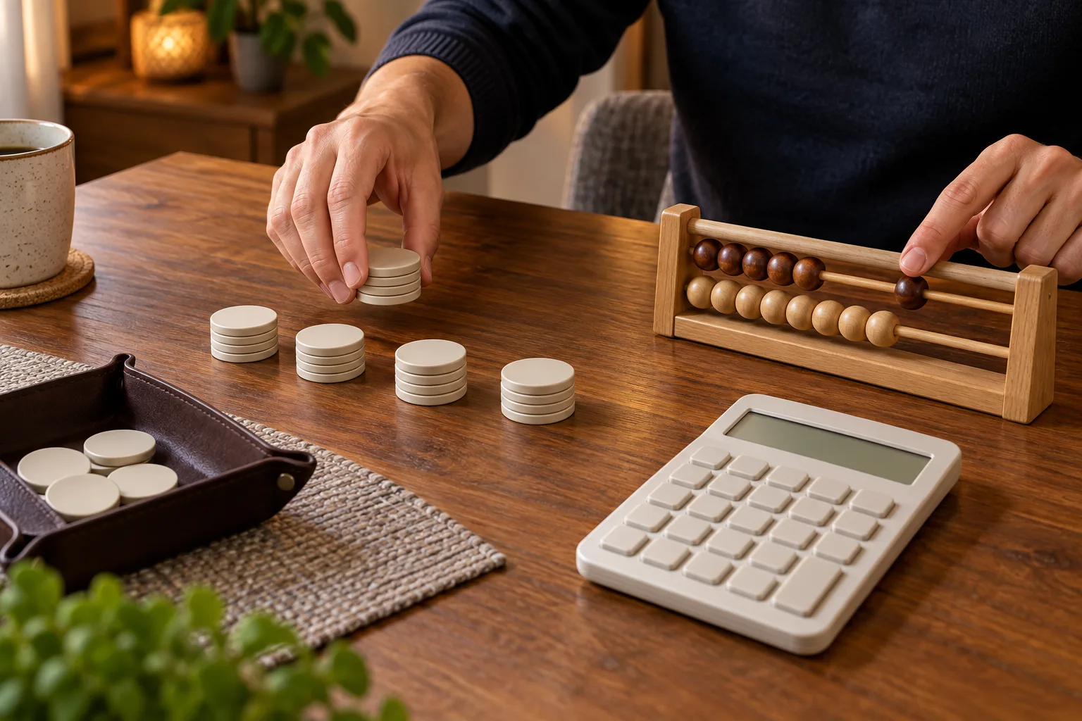 An unidentifiable player's hands arranging plain tokens into equal groups beside a simple bead counter, One hand transfers