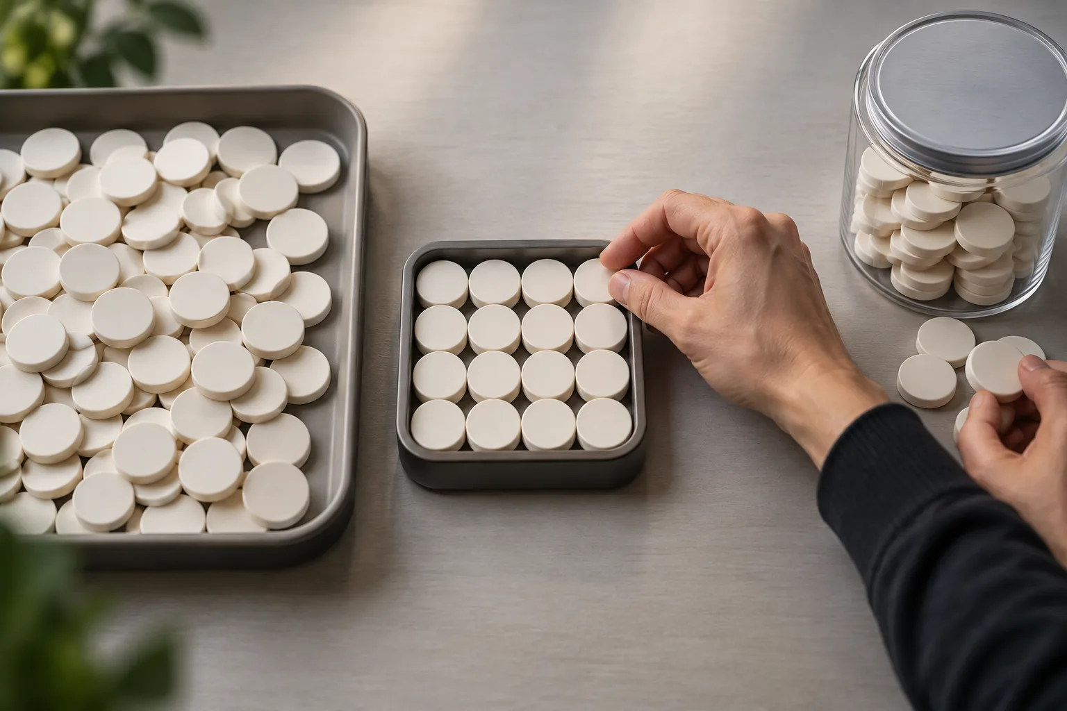 A pair of anonymous hands testing how many identical tokens fit into a visibly smaller conversion tray, The smaller tray