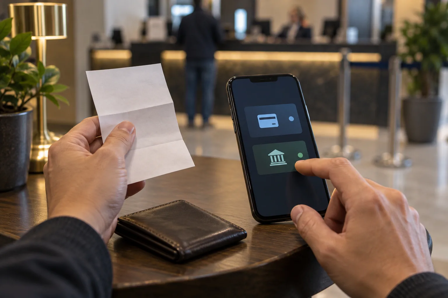 Hands checking whether a payment status and an account deposit status agree, A finger pauses between the two status panels