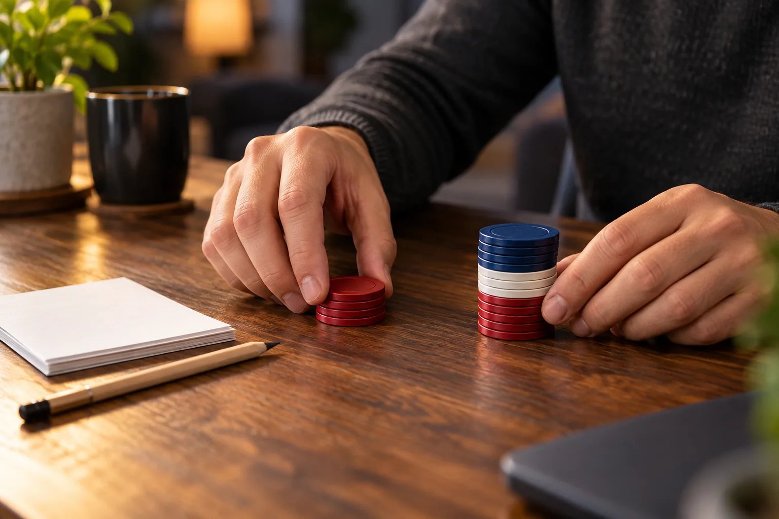 Hands comparing two possible wagering bases with physical tokens, The hands separate the smaller bonus stack from the