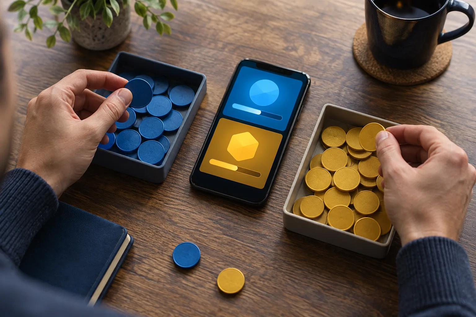 Anonymous hands sorting plain tokens into distinct trays, The hands separate promotional tokens from payable tokens while