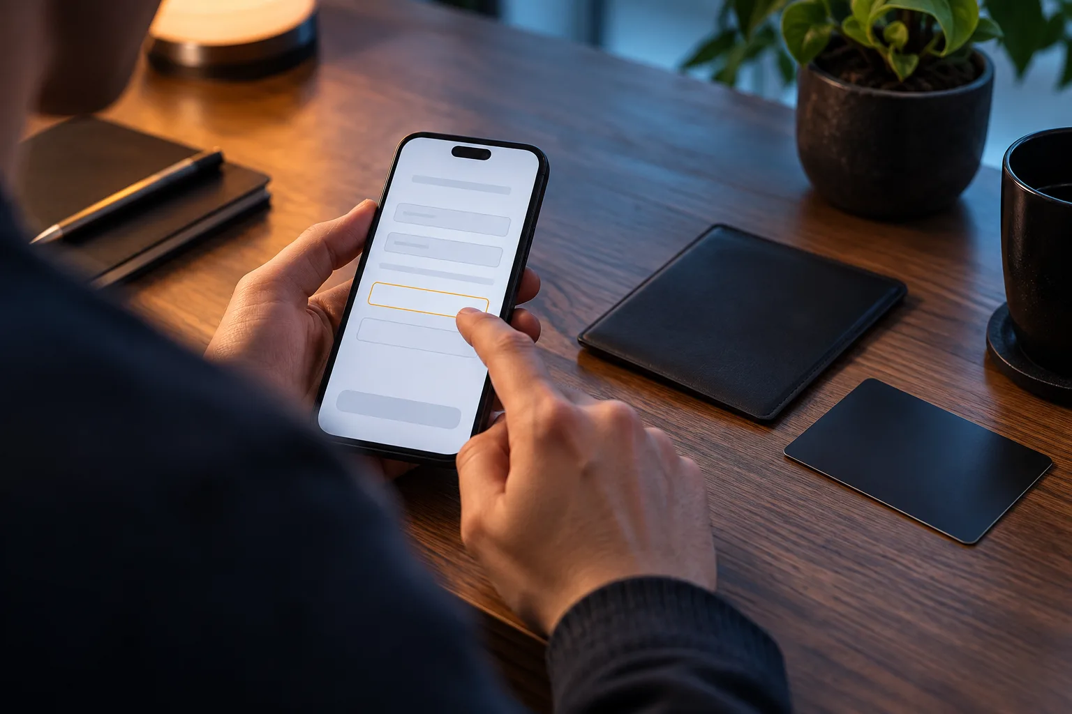 An anonymous hand reviewing a partly completed verification form on a phone, The hand pauses over the missing field while