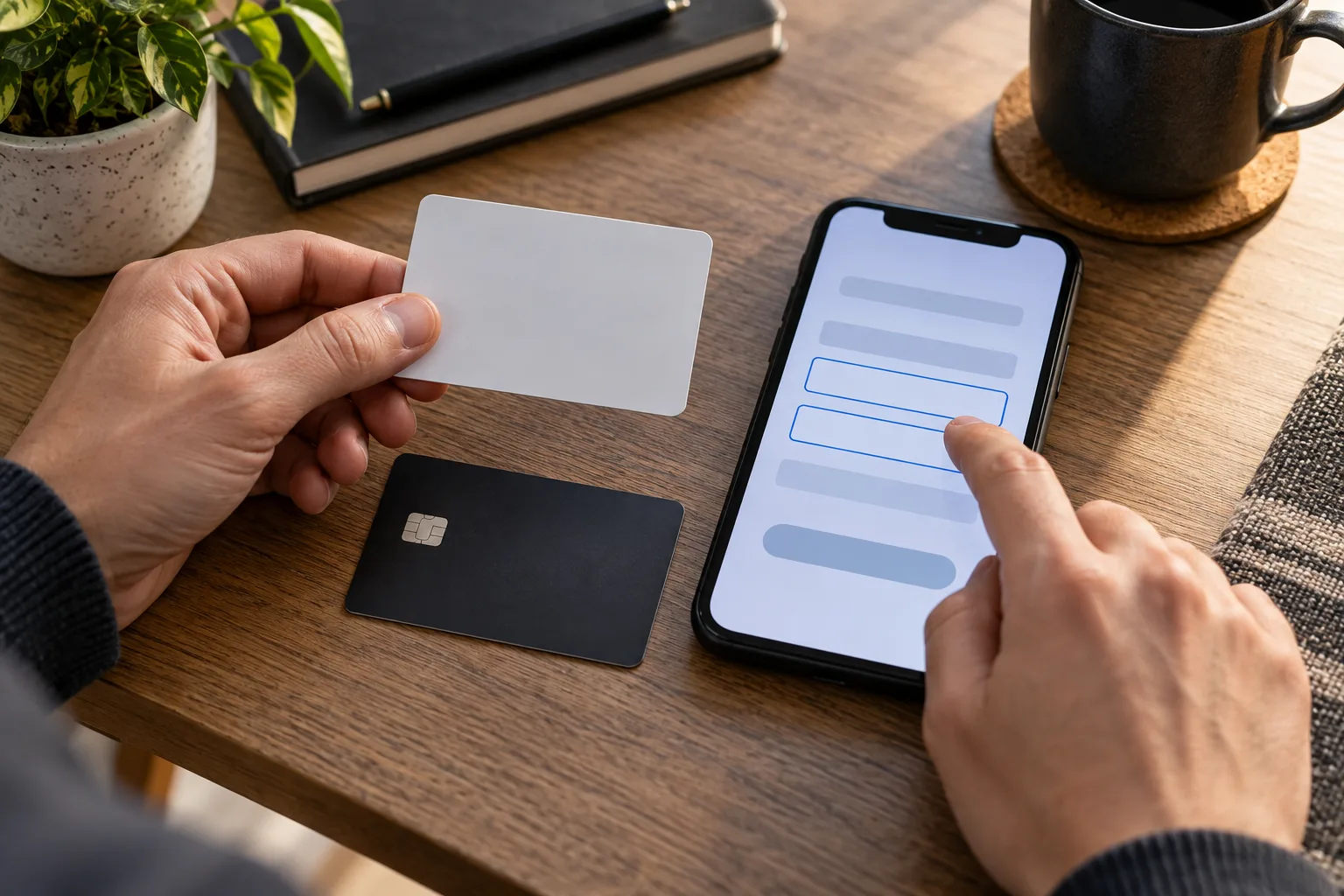 Hands aligning account and destination details, A finger compares the highlighted form fields with the blank card fields