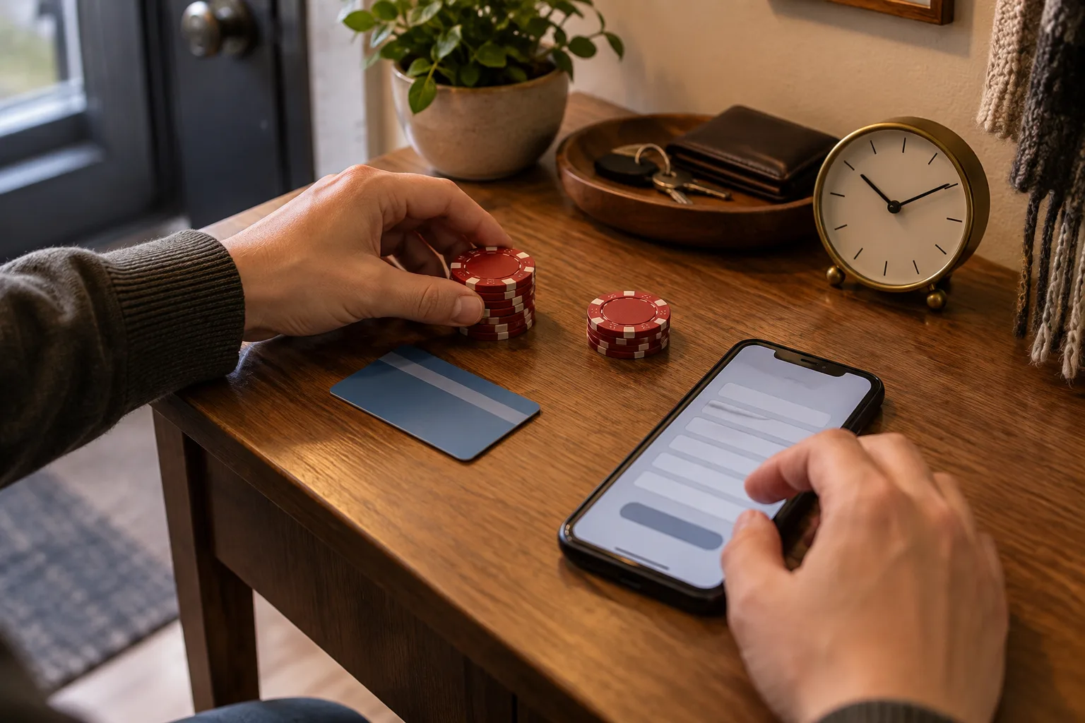 Anonymous hands separating planned spending money from a limited play amount, One hand leaves the larger token stack beside