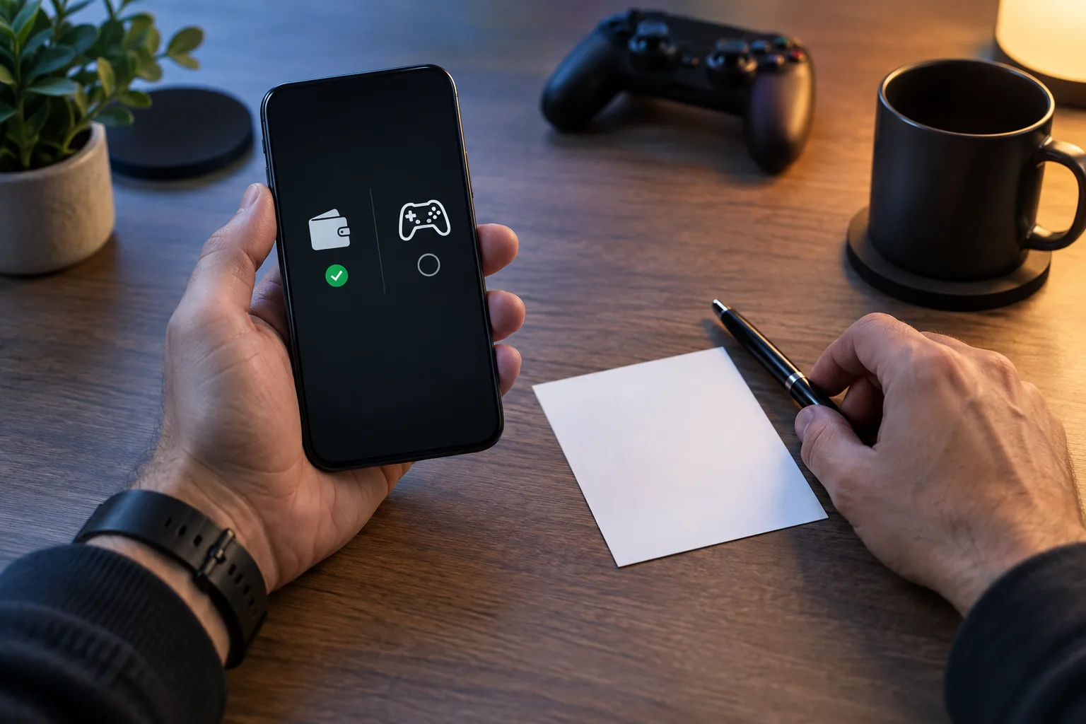 An unidentifiable player’s hand comparing two payment states, The hand holds the phone steady while the other reaches for