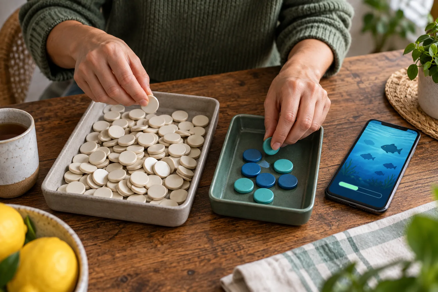 Anonymous hands separating plain counters by their role in the calculation, The hands move counters into separate trays so