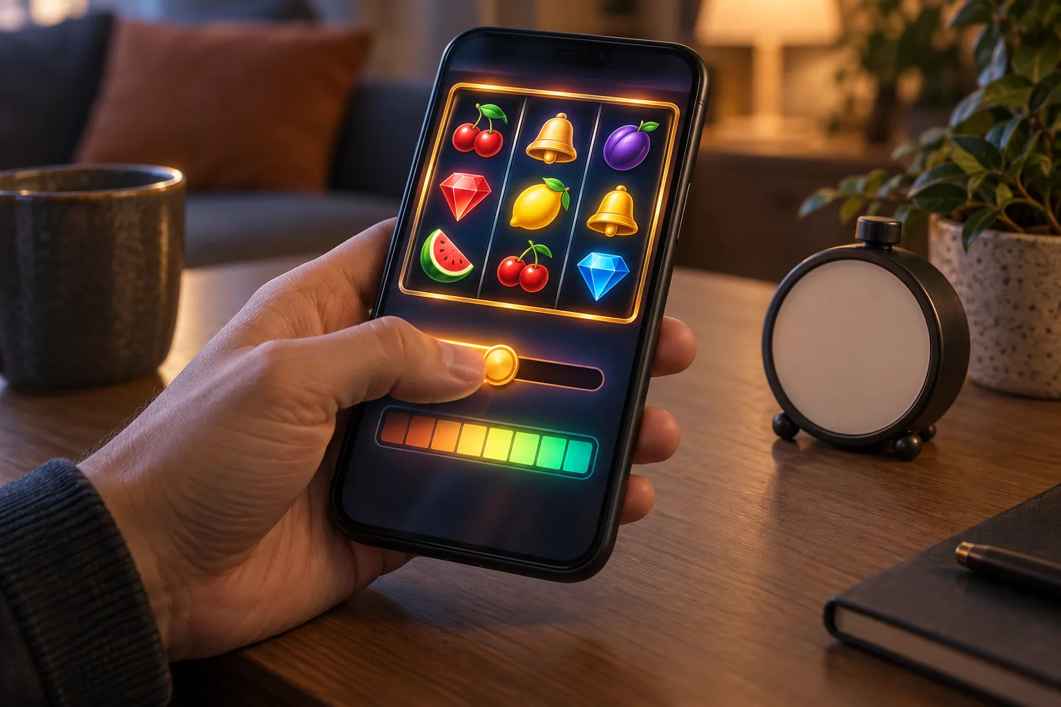A thumb adjusting a generic slot stake control, The thumb changes the stake while the player checks the total before