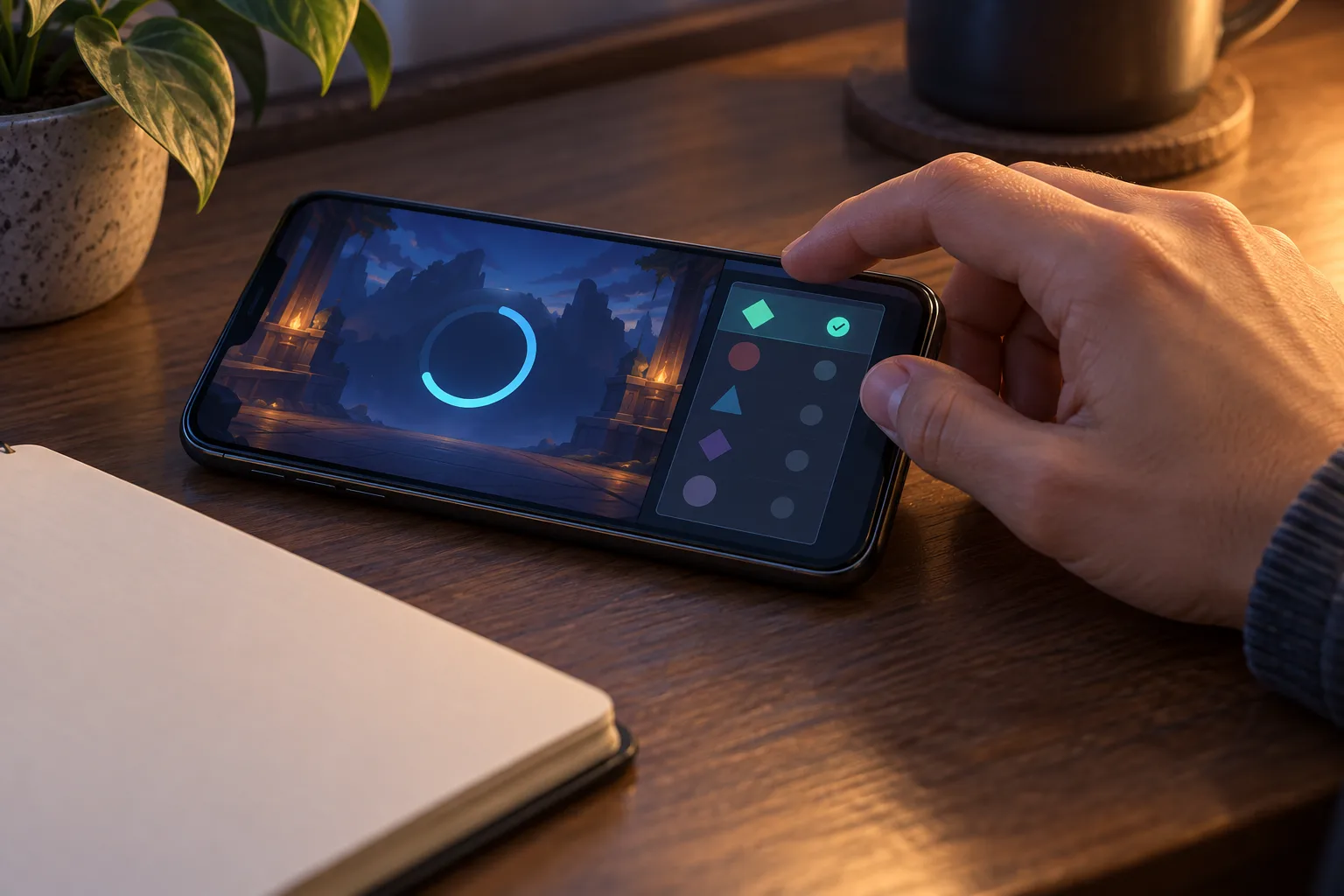 A hand comparing a pending game view with a round-history view, The hand checks the recorded round before returning to the