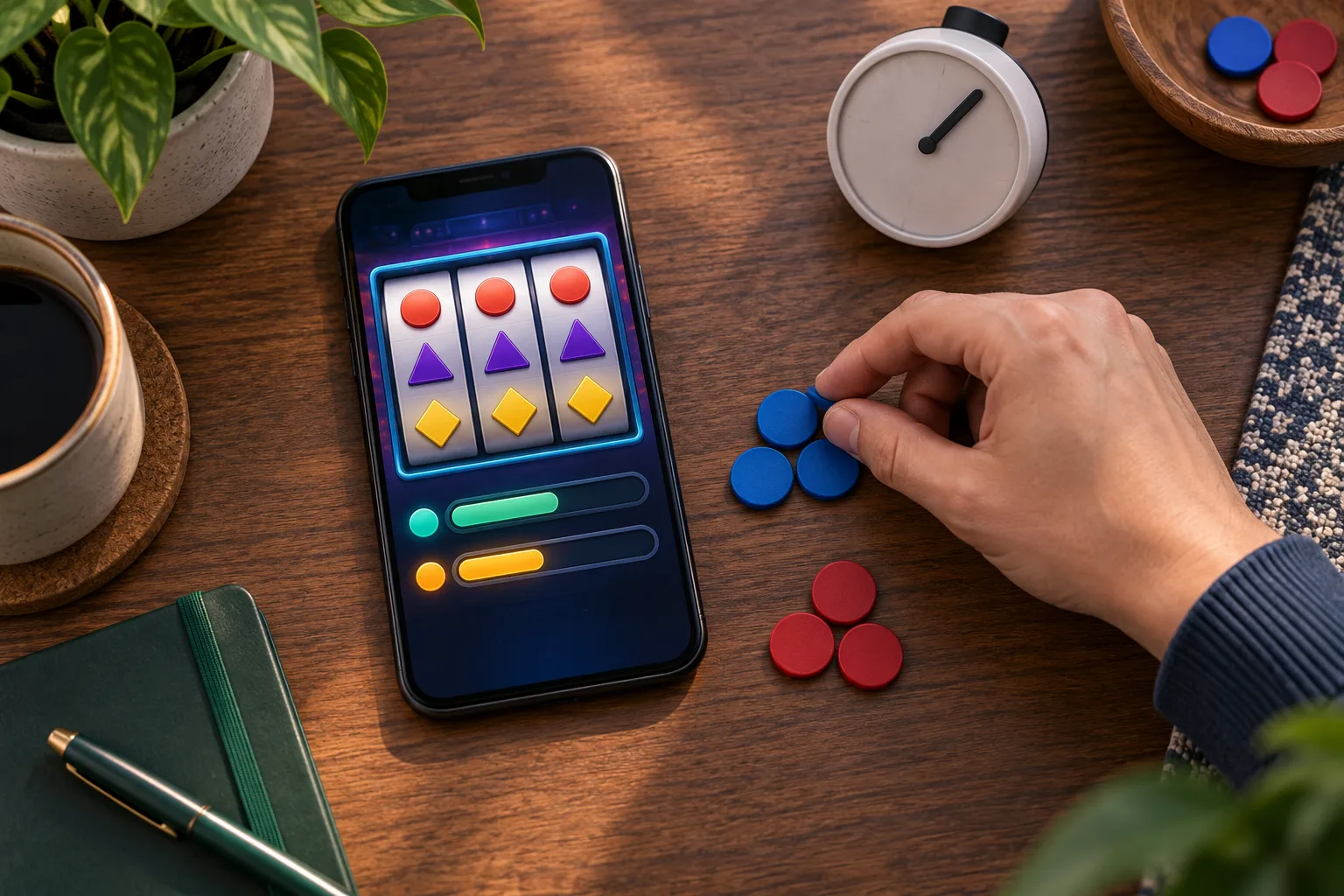 A hand comparing the settled game screen with two small groups of plain tokens, The hand places the return tokens beside the