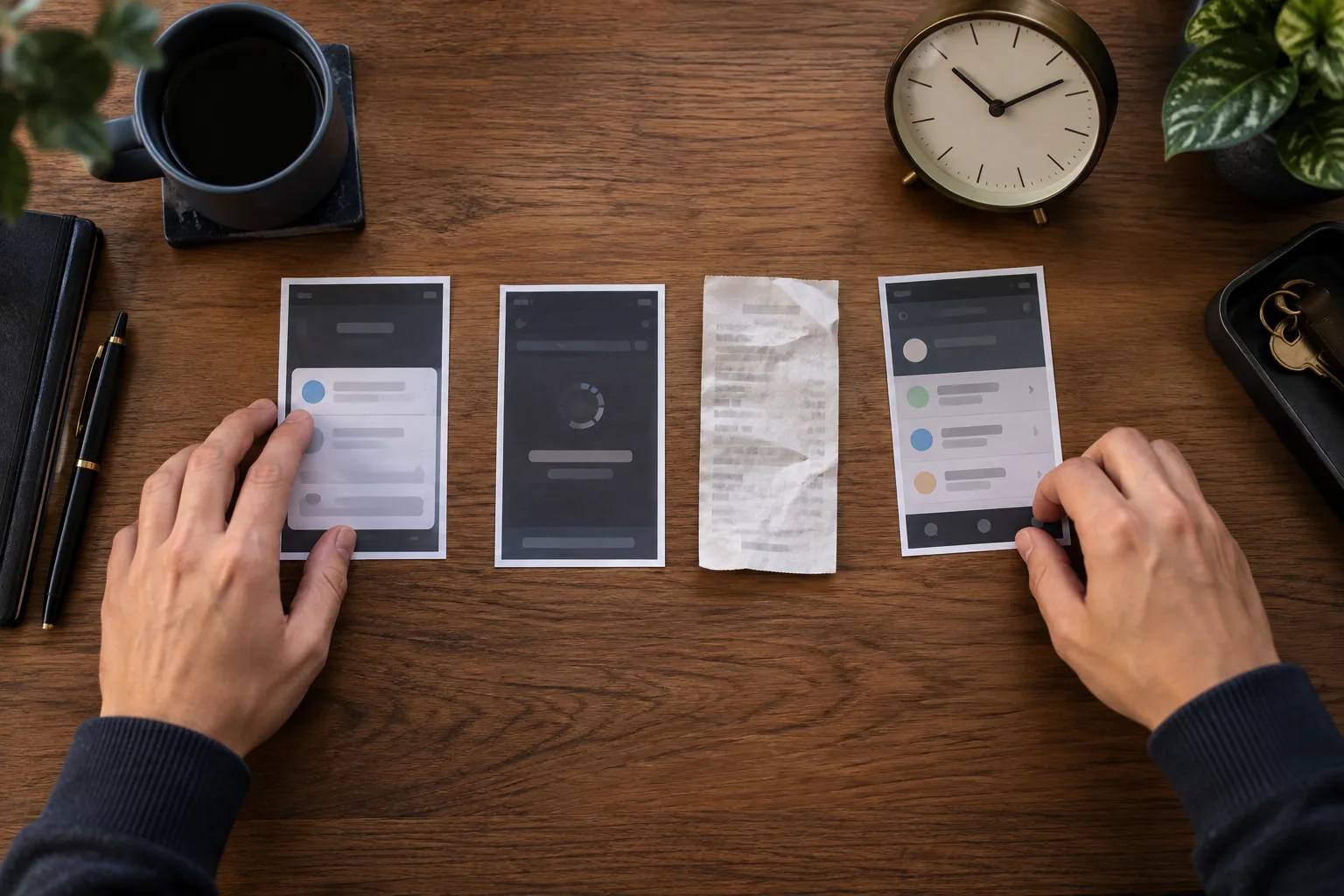 A pair of hands arranging evidence from one claim attempt, The hands place the notice, submission result, and later account