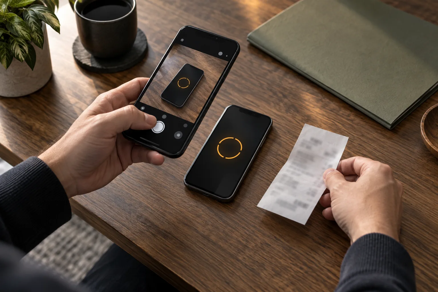 A person’s hands arranging records, The person photographs the entry status before placing the payment receipt beside it