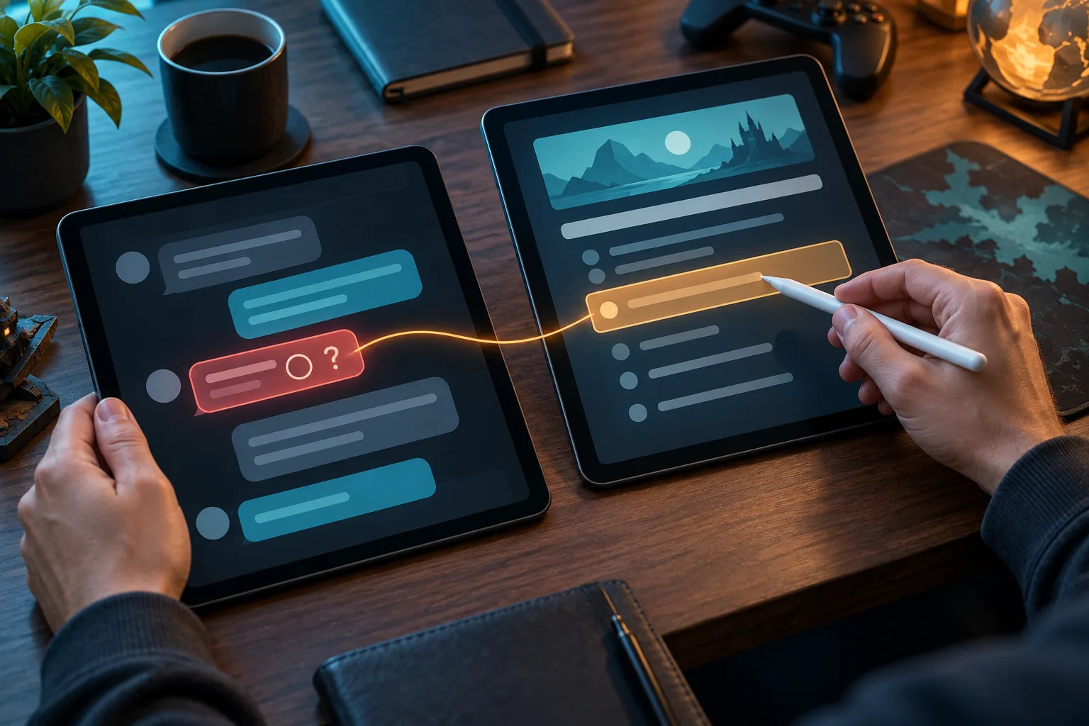A person’s hands comparing two tablet views, The stylus points from the highlighted condition to the conflicting support