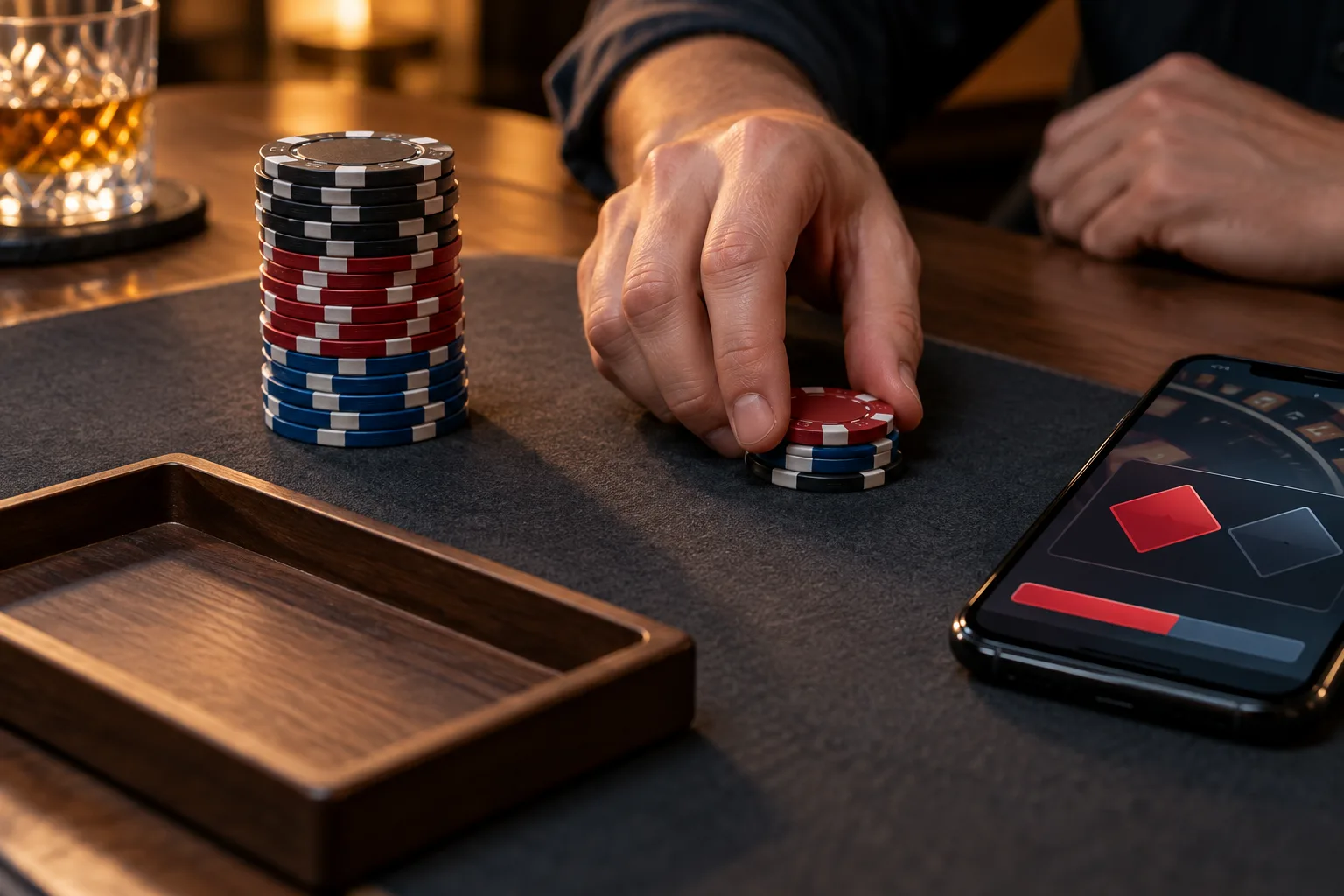 Anonymous hands comparing a small returned pile with a larger staked pile, One hand moves the smaller returned pile beside