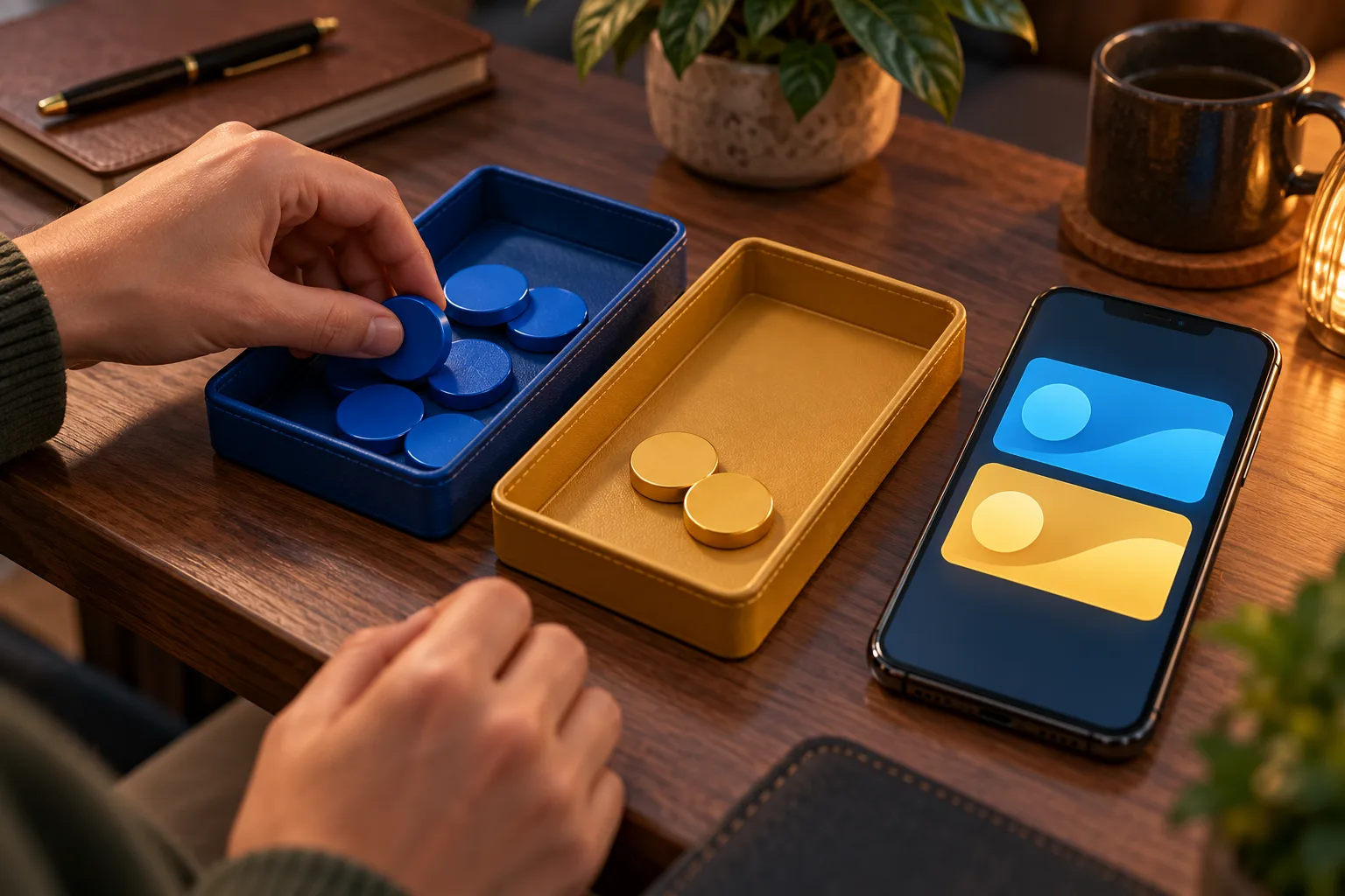 Anonymous hands keeping playable tokens apart from cash-value tokens, The hands leave the playable tokens in their own tray