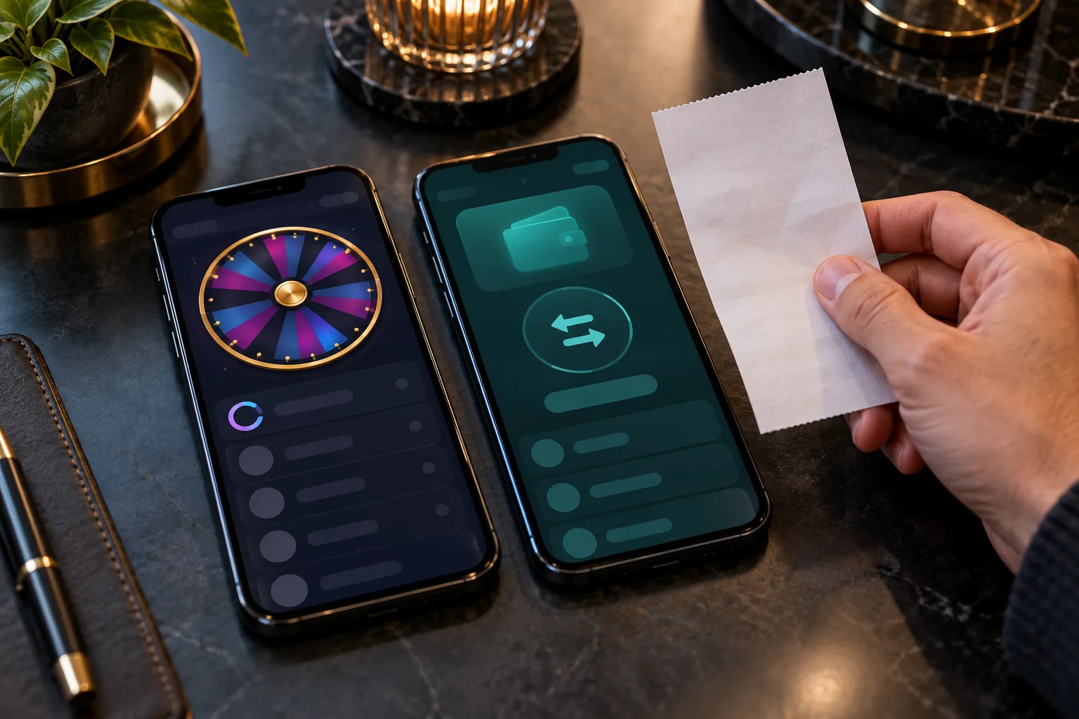 A player comparing two different records, A hand holds the receipt beside the wallet phone while leaving the unresolved game