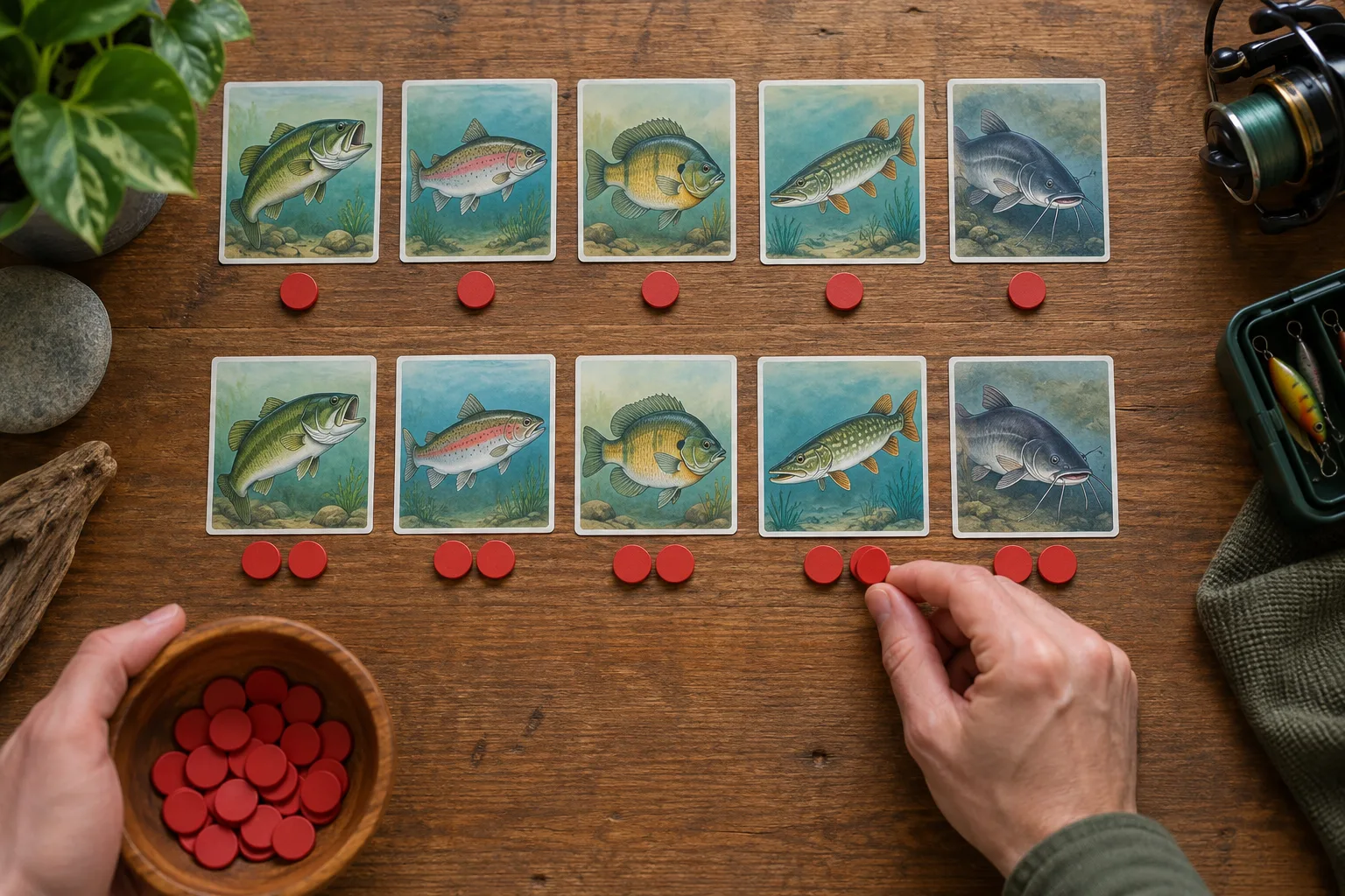 Adult hands moving unmarked counters from a limited reserve into two comparison rows., One hand places a second counter