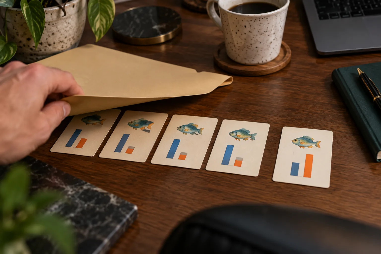 An adult hand uncovering a complete set of staged fishing demo result cards., The hand pulls the folder away from four cards