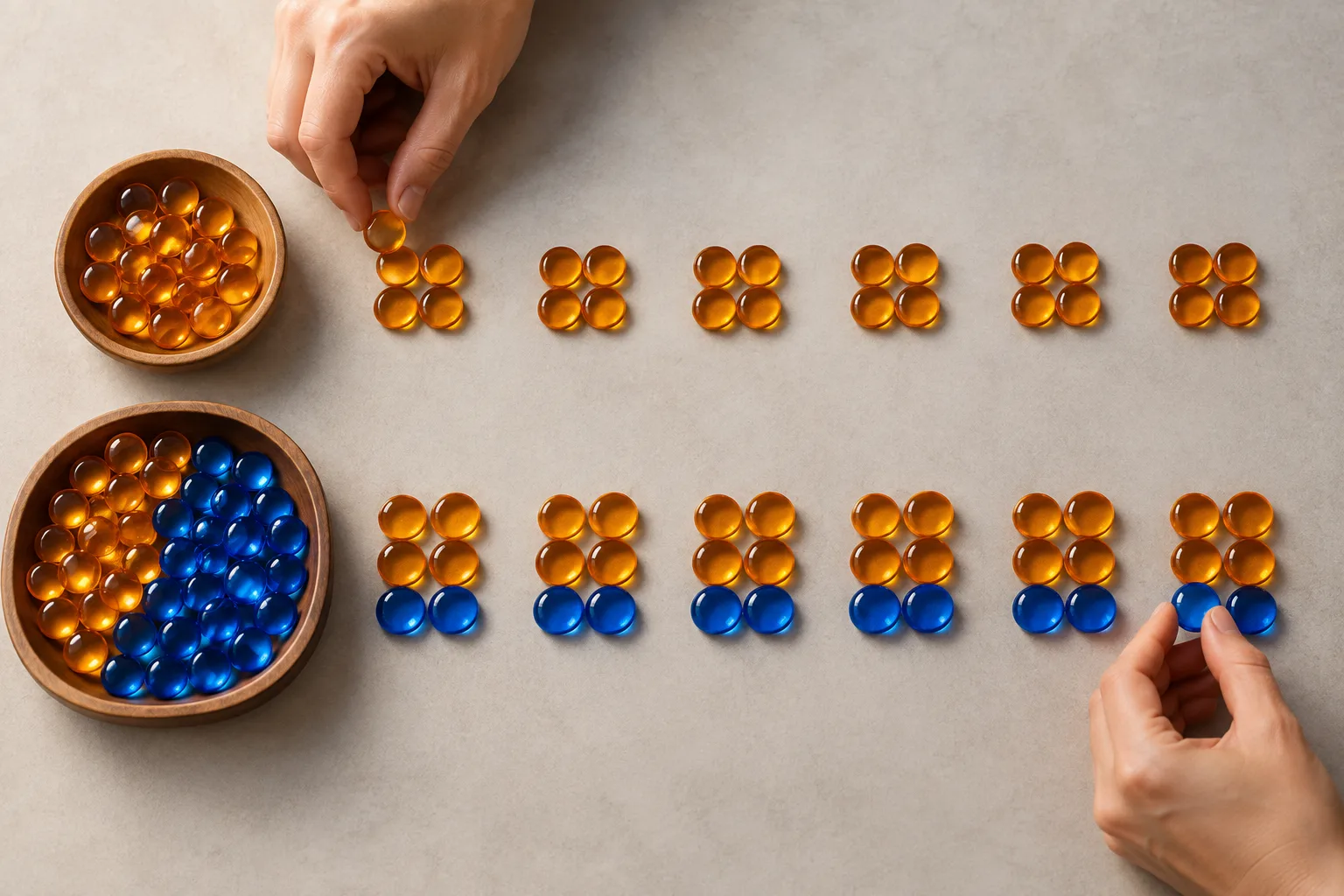 Hands comparing a bonus-only calculation base with a combined deposit-and-bonus base, Hands arrange repeated groups from