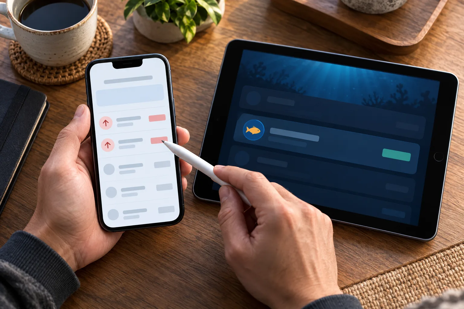 Anonymous hands comparing two wallet deductions with one credited gaming deposit, A hand points the stylus at the second