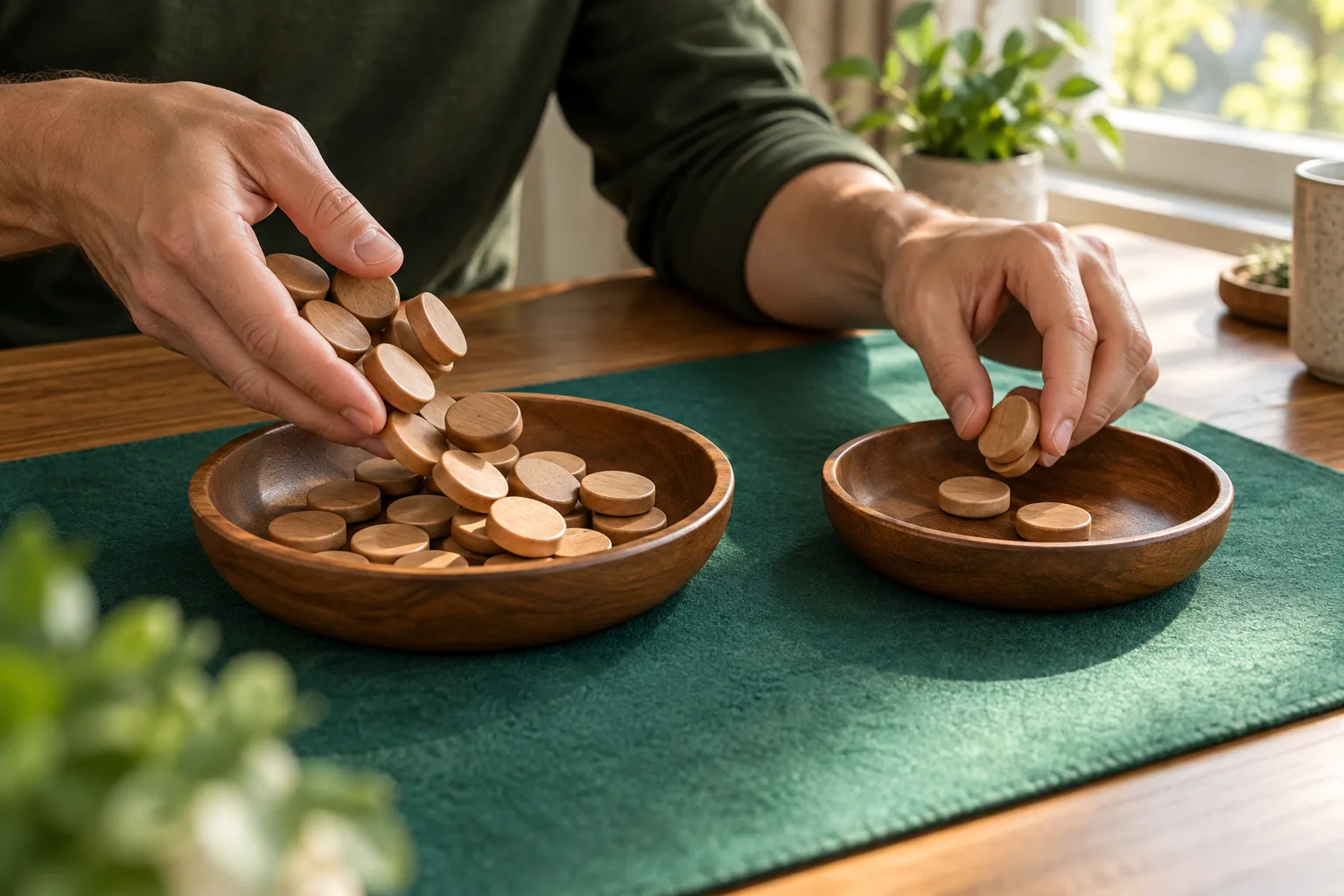 Anonymous adult hands demonstrating a payout smaller than its stake, One hand slides a larger group of counters into the