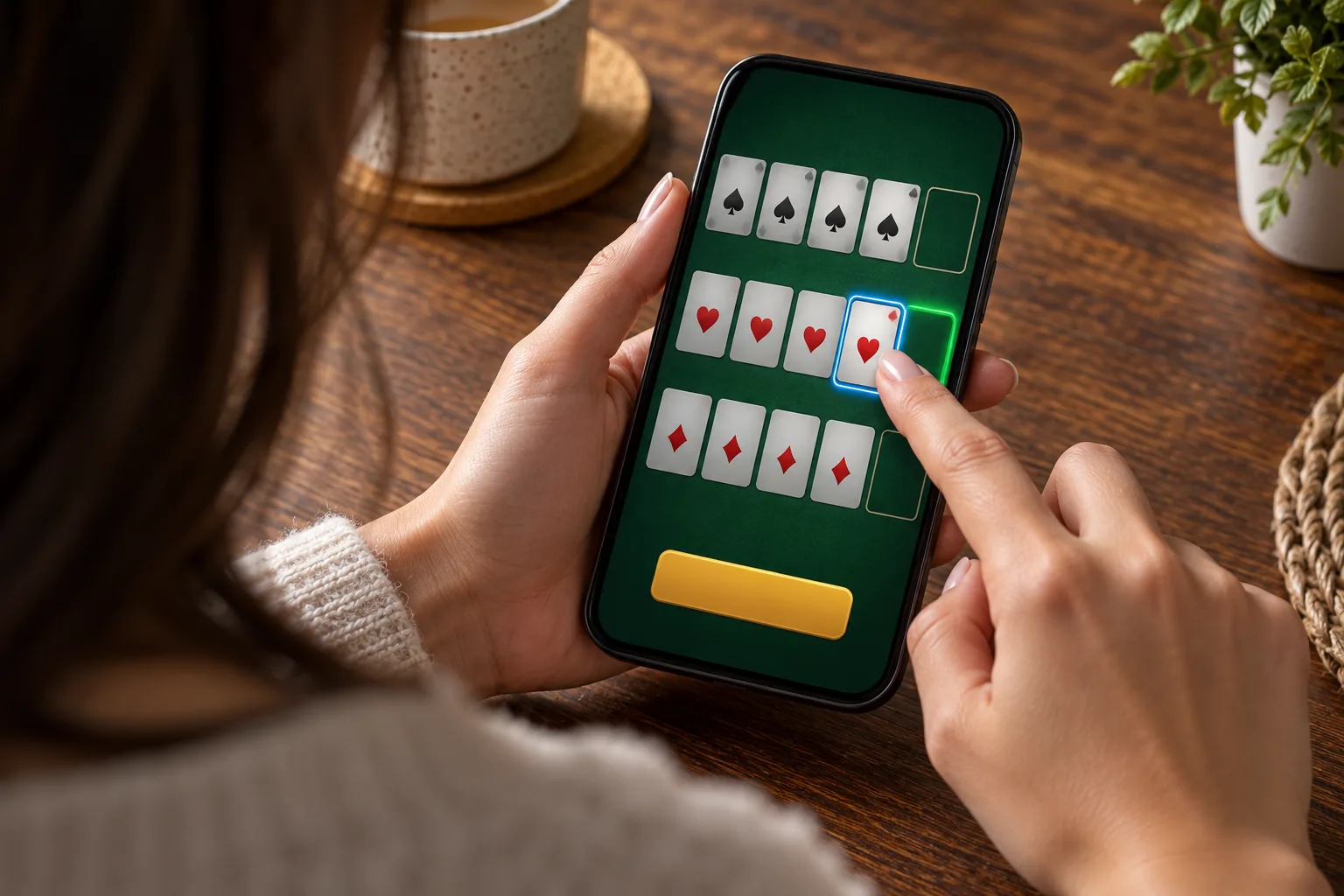 A fingertip selecting a card on a phone's generic arrangement interface, The fingertip selects a card while its destination