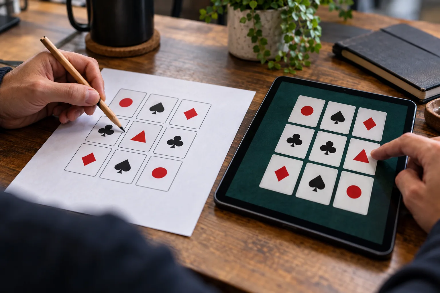 Anonymous adult hands comparing a saved card arrangement with a reviewed round view, A pencil points to the exchanged card