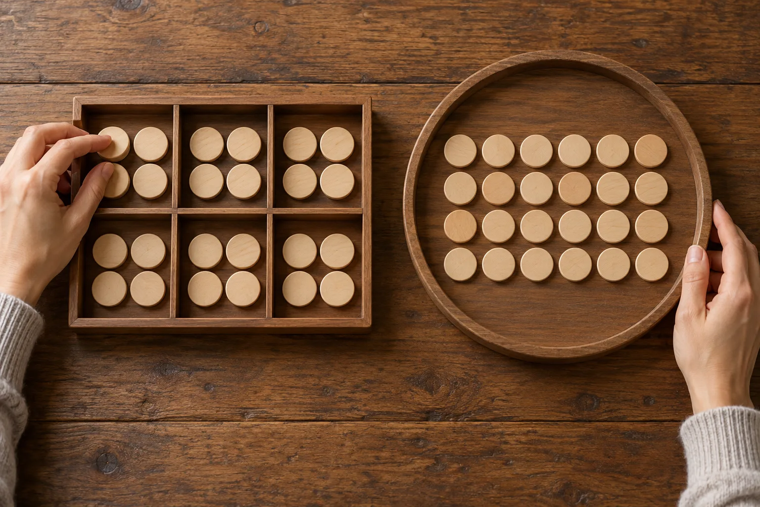 An anonymous adult’s hands comparing equal quantities of unmarked tokens, The hands distribute tokens across the divided